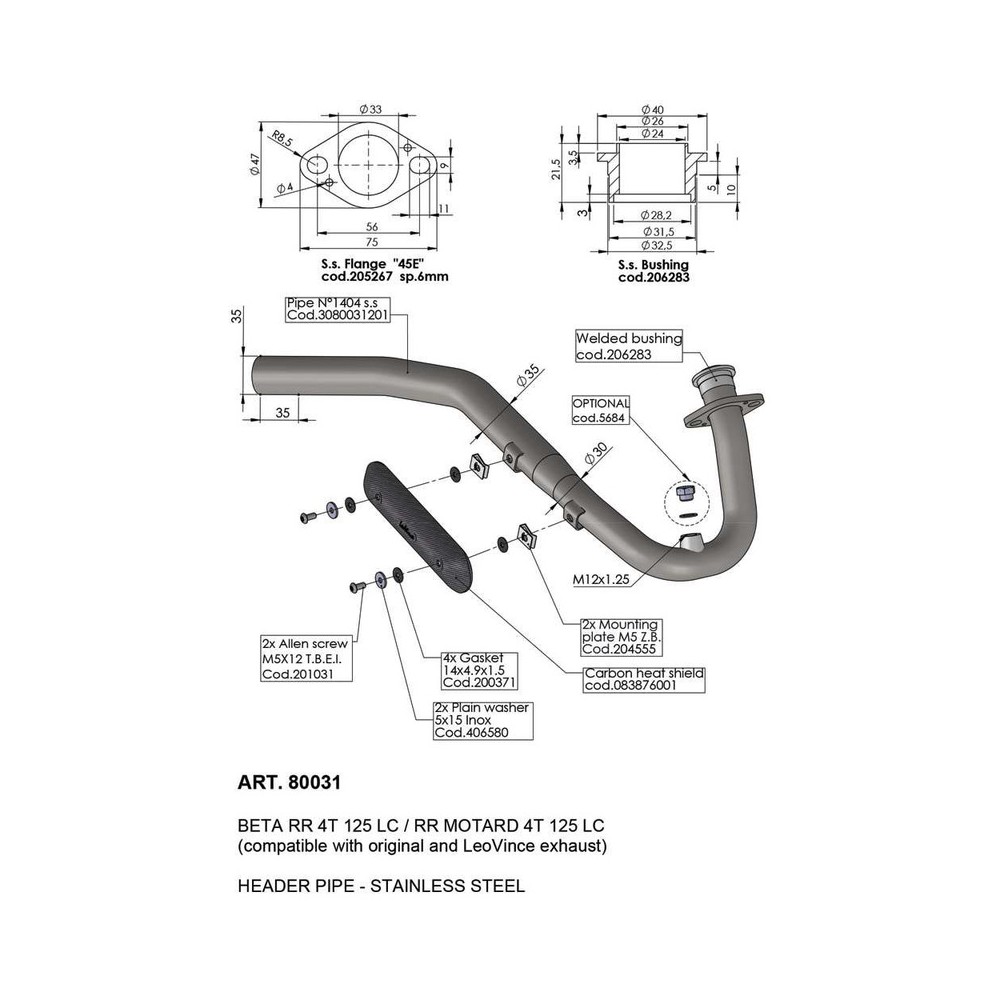 Kit Collettori Beta Rr 125 4T21-23 per BETA RR 125 4T 21-23 Collettori e raccordi LEOVINCE