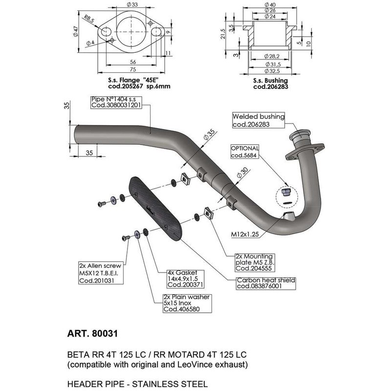 Exhaust Pipes Beta Rr 125 4T21-23 for BETA RR 125 4T 21-23 Manifolds and Fittings LEOVINCE