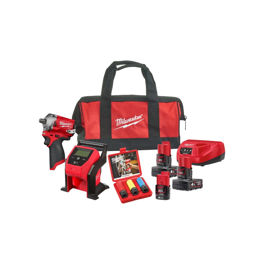 Kit Avvitatore Ad Impulsi E Compressore Attacco 1/2 +2 Batt. Elettrici MILWAUKEE